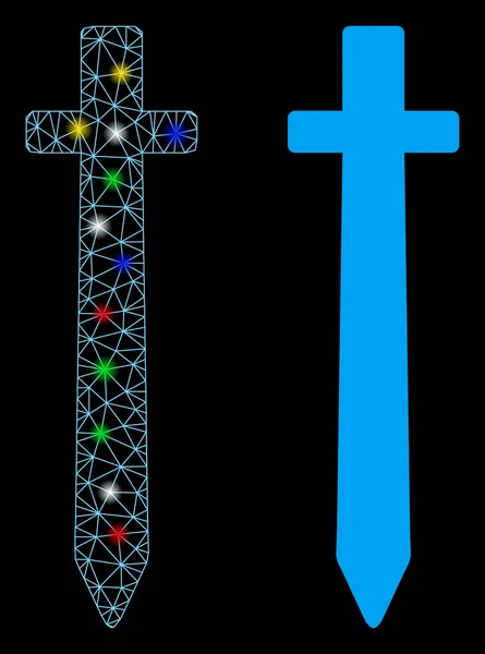 Icône d'épée symbolique en maille brillante avec des taches éclair — Image vectorielle