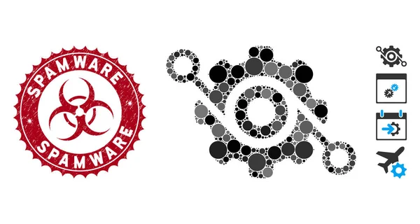 Icono de solución de engranajes de mosaico con sello de spamware Grunge — Vector de stock