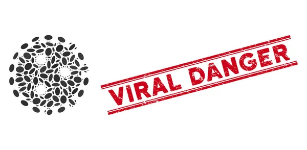Icono del virus de la influenza Collage con sello de línea de peligro viral rayado — Vector de stock