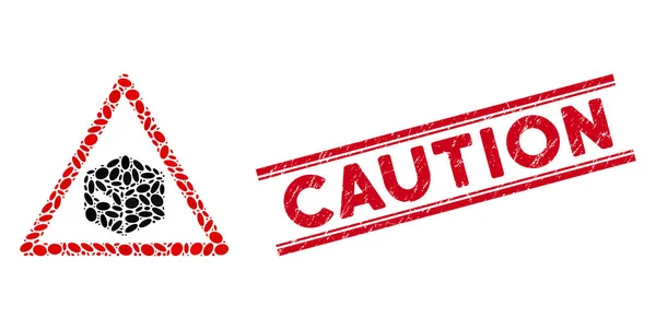 Icona di avvertimento pacco collage con timbro Grunge Caution Line — Vettoriale Stock
