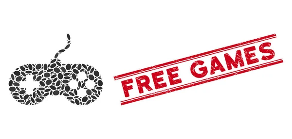 Значок "Коллаж видеоигр" с маркой Grunge Free Games Line — стоковый вектор
