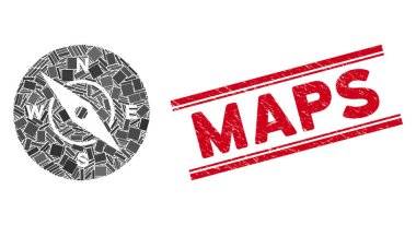 Pusula Mozaiği ve Grunge Haritaları Çizgilerle Mühürle