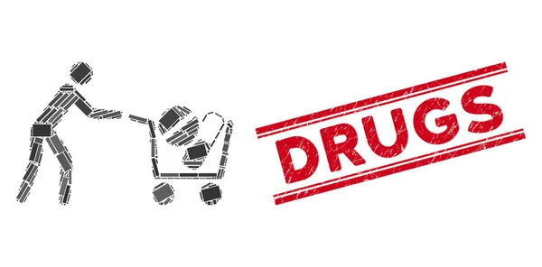 Medicina Drugs compratore carrello Mosaico e graffiato droga timbro sigillo con linee — Vettoriale Stock