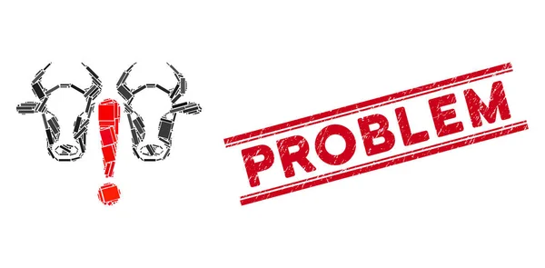 Cow Problem Mosaic and Scratched Problem Stamp with Lines — 스톡 벡터