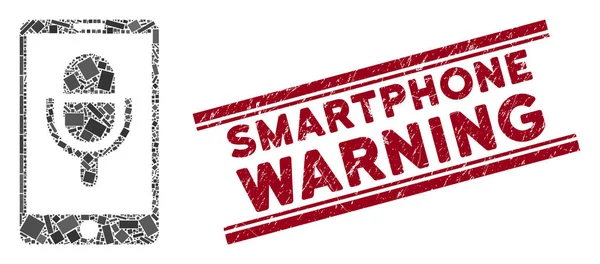 Téléphone Microphone Mosaïque et Grunge Smartphone Sceau d'avertissement avec lignes — Image vectorielle