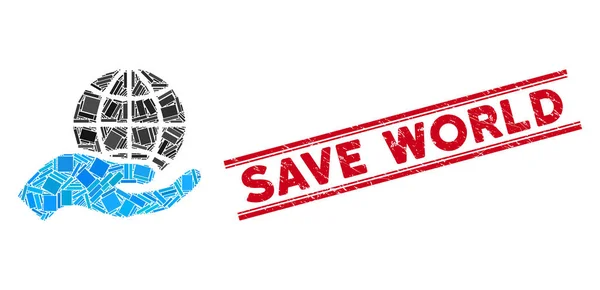 Παγκόσμια φροντίδα Mosaic και Scratched Save World Watermark με γραμμές — Διανυσματικό Αρχείο