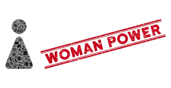 Női mozaik és Grunge Woman Power Stamp vonalakkal — Stock Vector