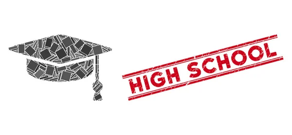 Graduação Cap Mosaic e Scratched High School selo com linhas —  Vetores de Stock