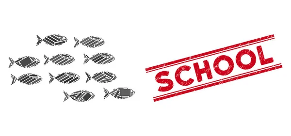 School of Fish Mozaik és Grunge iskolai bélyegző pecsét vonalak — Stock Vector