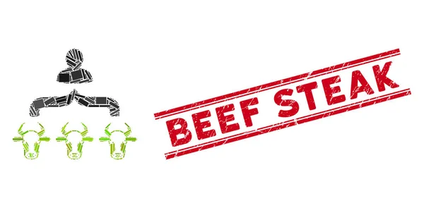 Owczarek krowa Mozaika i Scratched Steak Pieczęć z liniami — Wektor stockowy