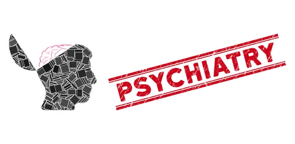 Mosaico de mente abierta y sello de psiquiatría rayada con líneas — Vector de stock