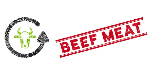 Odśwież Mozaikę Bull i znak wodny Grunge Beef Meat z liniami — Wektor stockowy