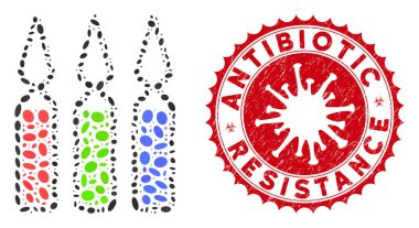 Collage Ampoules Icon with Coronavirus Distress Antibiotic Resistance Stamp