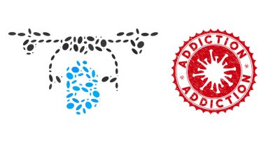 Collage Bitcoin Drone Delivery Icon with Coronavirus Textured Addiction Seal