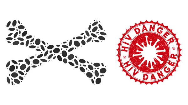 Collage Bones Icon with Coronavirus Scratched HIV Danger Seal