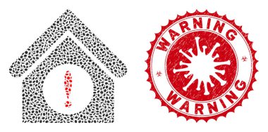 Collage Exclamation Building Icon with Coronavirus Grunge Warning Seal clipart