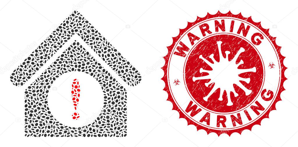 Collage Exclamation Building Icon with Coronavirus Grunge Warning Seal