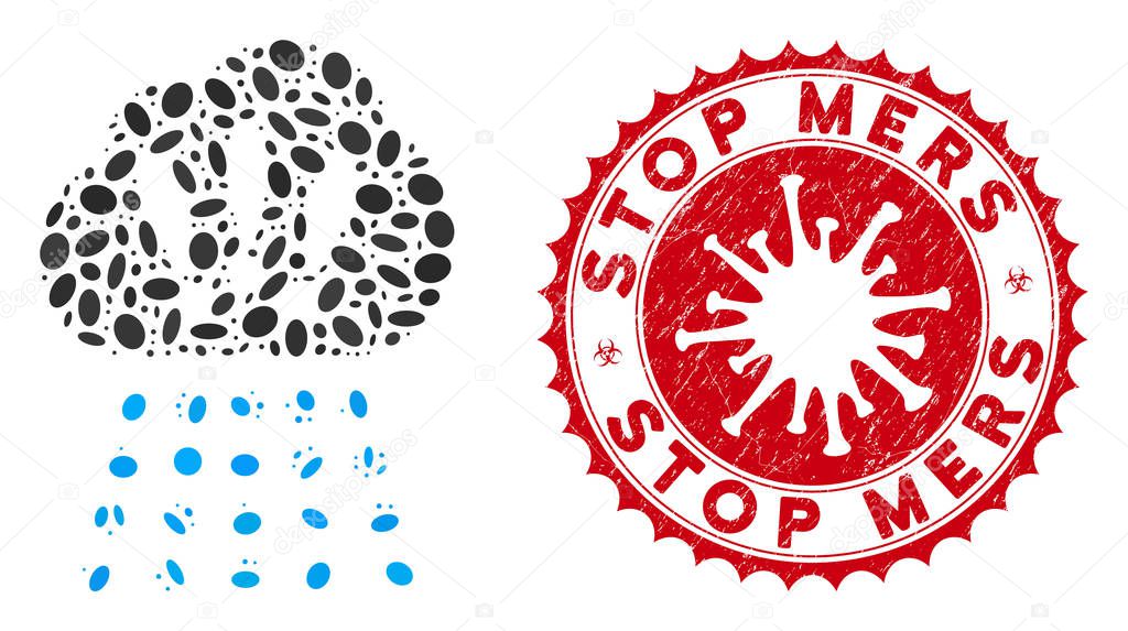 Collage Storm Cloud Icon with Coronavirus Scratched Stop Mers Seal