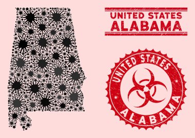 Grunge Biyolojik Tehlike Mührü ile Coronavirus Kolajı Alabama Eyalet Haritası