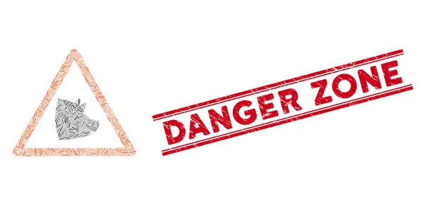 Línea de advertencia de cerdo Mosaico y peligro Zona de peligro Sello de sello — Vector de stock