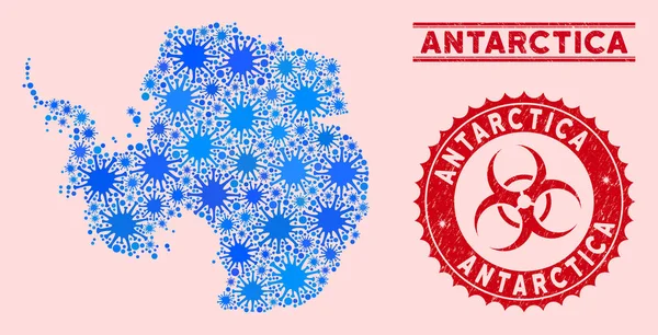 Mapa de Coronavirus Collage Antarctica con Sellos de Sello de Biopeligro Texturizado — Archivo Imágenes Vectoriales