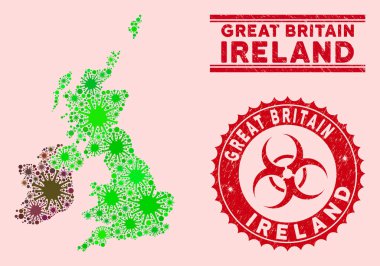 Coronavirus Mozaiği Büyük Britanya ve İrlanda Haritası Çizilmiş Biyolojik Tehlike Mührü