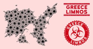 Coronavirus Kolajı Limnos Grunge Biyolojik Tehlike Filigranlı Yunan Adası Haritası