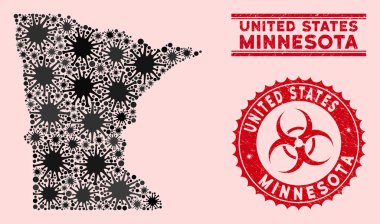 Grunge Biyolojik Tehlike Damgalı Coronavirus Mozaik Minnesota Eyalet Haritası
