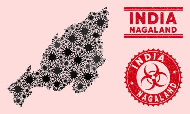 Coronavirus Mozaik Nagaland Eyalet Haritası Çizilmiş Biyolojik Tehlike Mührü