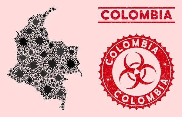 Coronavirus Collage Carte Colombie avec sceaux texturés Biohazard — Image vectorielle