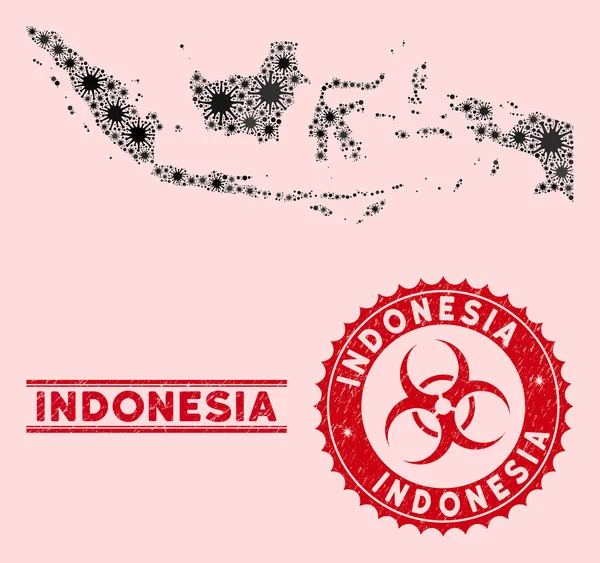Колаж коронавірусу Індонезія Карта з текстурованими біогазовими штампами — стоковий вектор