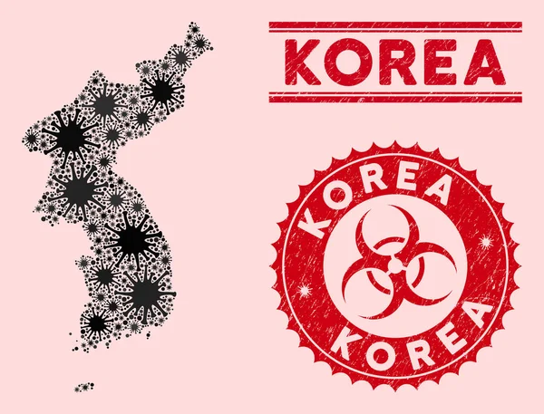 Coronavirus Collage Corea Mapa con Sellos Texturizados de Biopeligro — Vector de stock