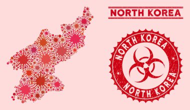 Coronavirus Mozaik Kuzey Kore Haritası Çizilmiş Biyolojik Tehlike Filigranı