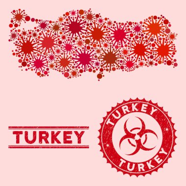 Coronavirus Kolajı Türkiye Haritası Dokulu Biyolojik Tehlike Mührü ile Haritası