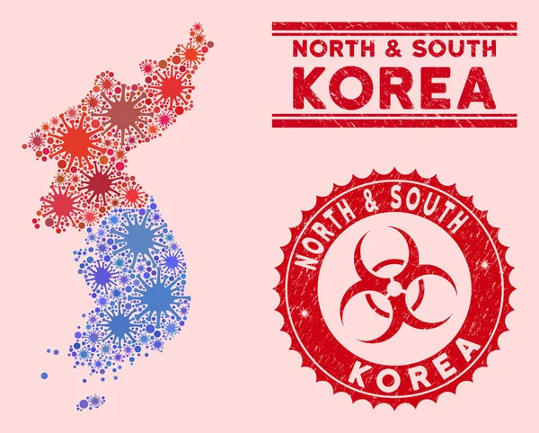 Coronavirus Mosaic Corea del Norte y del Sur Mapa con Sellos de Sello de Biopeligro Texturizados — Vector de stock