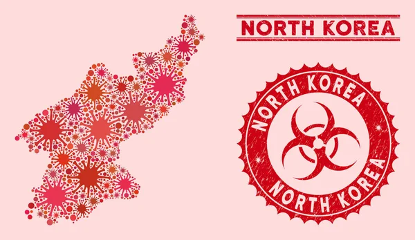 Coronavirus Mosaic Mapa da Coreia do Norte com marcas de água de risco biológico riscadas —  Vetores de Stock