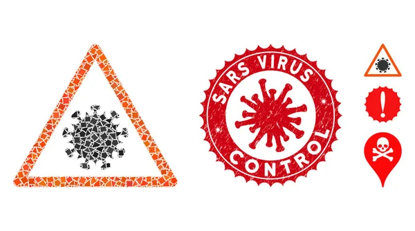 Kolaj Sars Virüs Uyarı Simgesi Koronavirüs Dokulu Yıldız Virüsü Kontrol Mührü