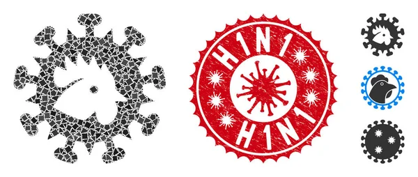 コロナウイルス疾患H1n1シールでラフ要素のコラージュ鳥インフルエンザウイルスアイコン — ストックベクタ