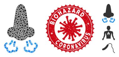 Coronavirus desenli Biyolojik Tehlike Coronavirüs Damgalı Çarpışan Parçaların Mozaik Burun Nefes Simgesi