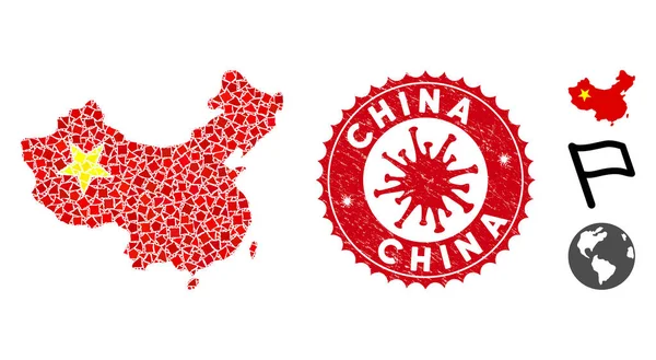 Kollázs Kína térkép Icon of Rugged Items with Coronavirus Scratched China Stamp — Stock Vector