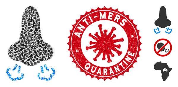Collage nariz respiración icono de elementos con coronavirus angustia anti-Mers cuarentena sello — Vector de stock