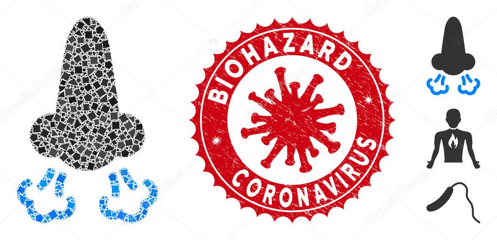 Mosaic Nose Breath Icon of Bumpy Pieces with Coronavirus Textured Biohazard Coronavirus Stamp