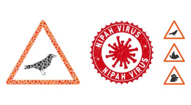 Collage Bird Warning Icon of Uneven Parts with Coronavirus Distress Nipah Virus Stamp