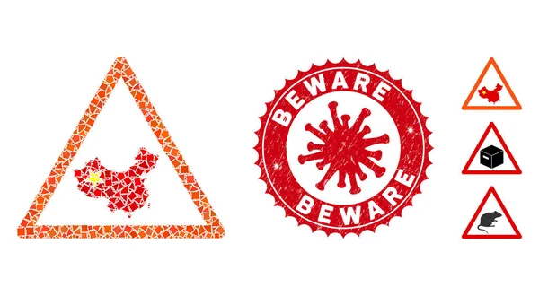 Collage Chinese Warning Icon of Irregular Item with Coronavirus Grunge Beware Stamp - Stok Vektor