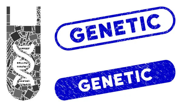 Retângulo Mosaico Análise Genética Test-Tube com Grunge Genetic Seals — Vetor de Stock