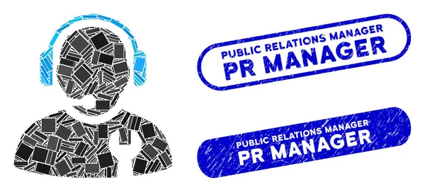 สี่เหลี่ยมผืนผ้าผู้ให้บริการ Collage กับผู้จัดการการประชาสัมพันธ์พื้นผิว Pr Manager Stamps — ภาพเวกเตอร์สต็อก