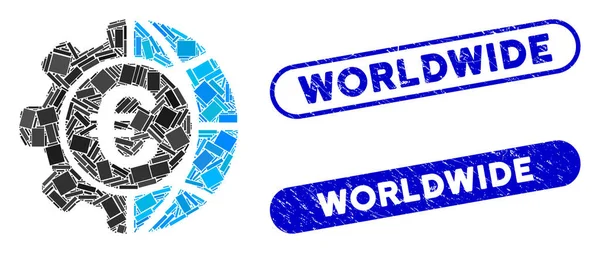 Rettangolo Mosaico Euro Global Industry con Grunge Worldwide Seals — Vettoriale Stock