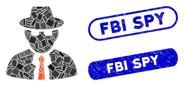 Ορθογώνιος ψηφιδωτός κατάσκοπος με scratched Fbi Spy γραμματόσημα — Διανυσματικό Αρχείο