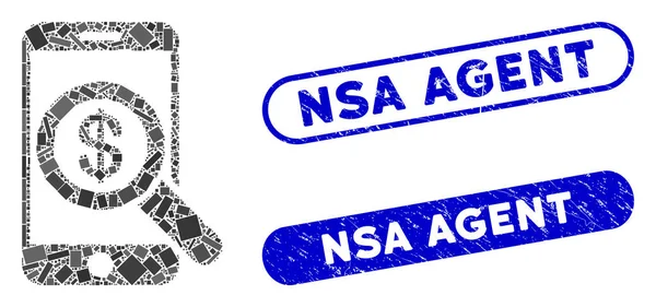 Ορθογώνιο Ψηφιδωτό Mobile Audit με Scratched Nsa Agent Seals — Διανυσματικό Αρχείο