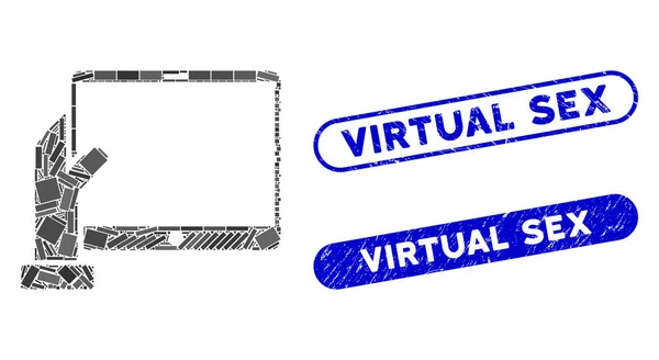 Collage mano rettangolare tiene PDA con sigilli sessuali virtuali graffiati — Vettoriale Stock